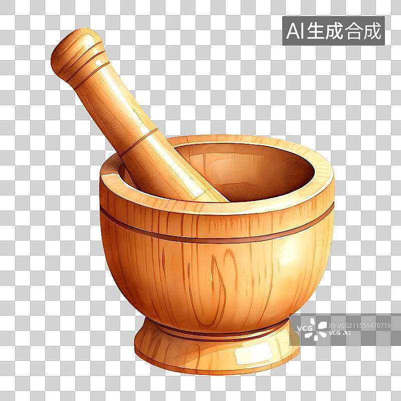 【AI数字艺术】国风手绘插画，研钵，木制研磨器，捣药罐，臼和杵。中医中药免抠元素图片素材