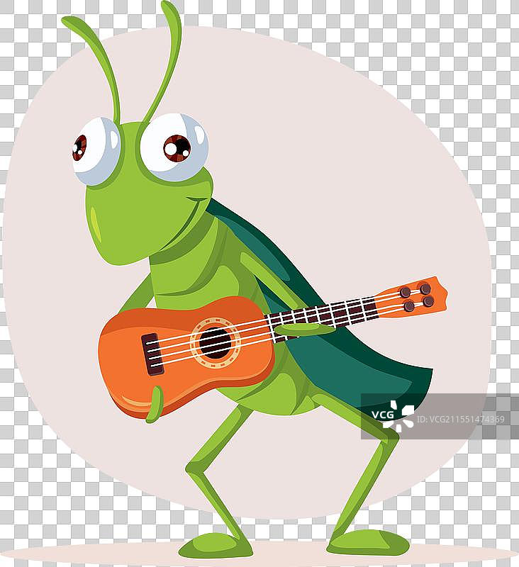 搞笑的卡通蚱蜢在弹尤克里里图片素材