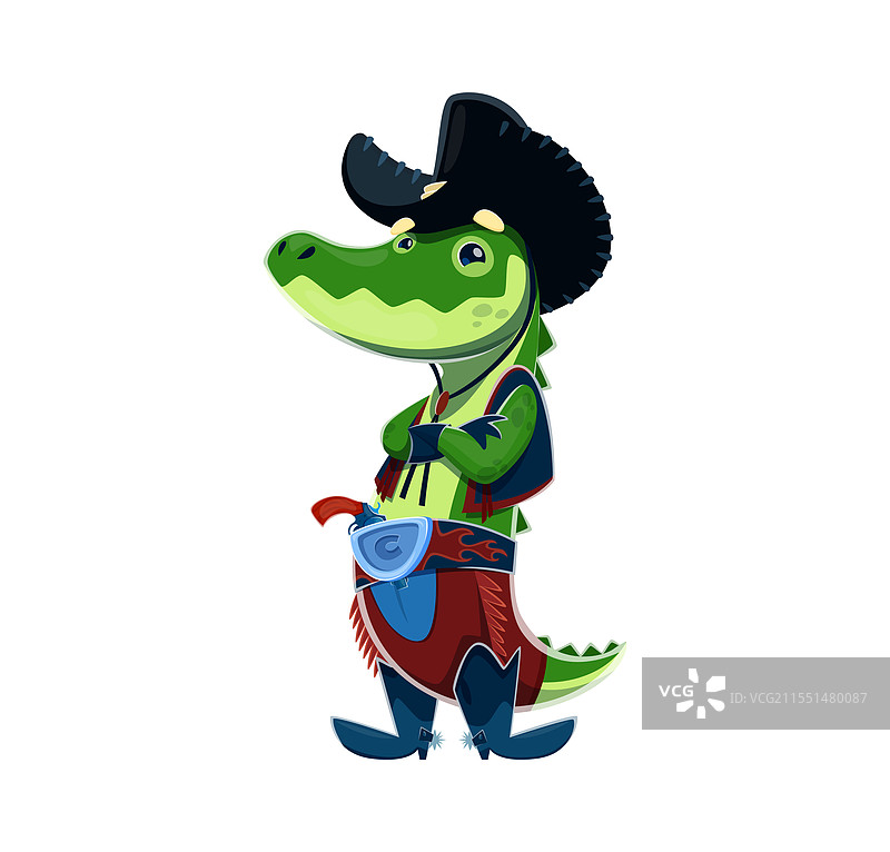 卡通鳄鱼西部动物牛仔巡逻员图片素材