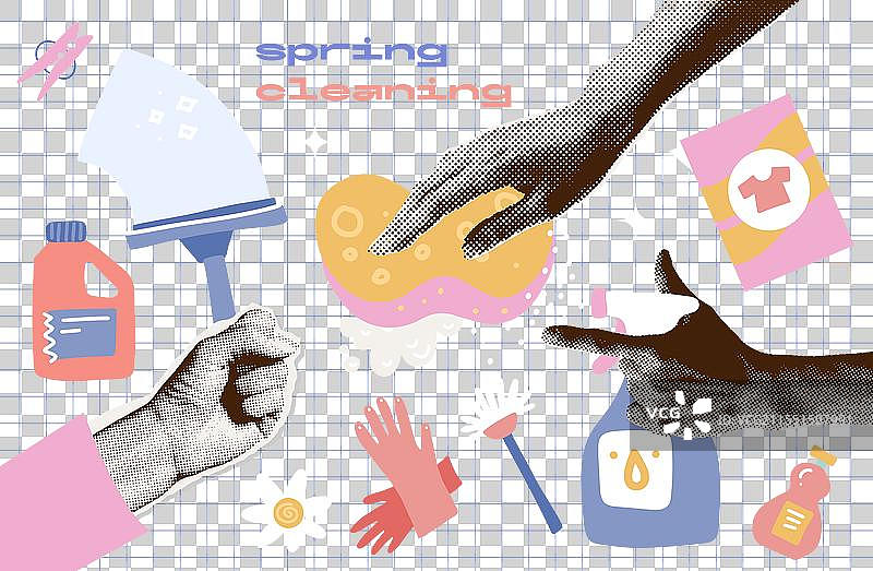 春季清洁时尚复古半色调拼贴画图片素材