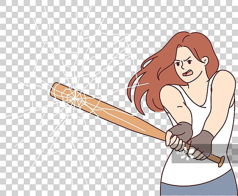 攻击性的女性用棒球棍打碎玻璃图片素材