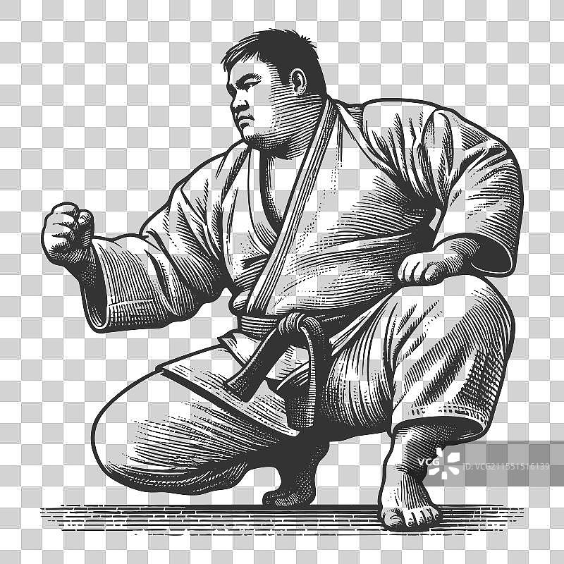 穿着空手道道服的武术家雕刻作品图片素材