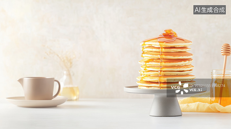 【AI数字艺术】美味的煎饼塔配蜂蜜和咖啡图片素材