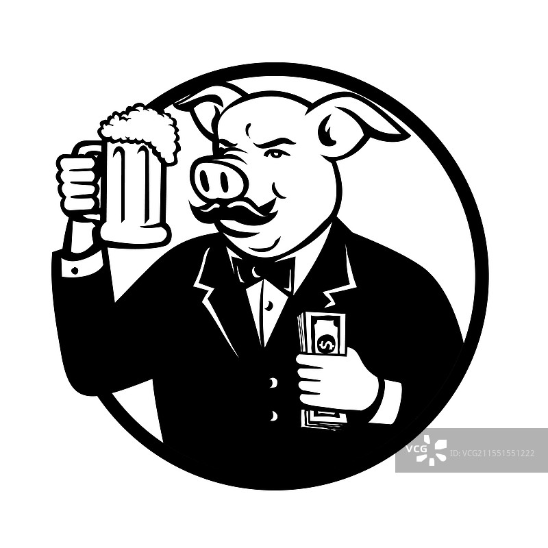 穿着礼服的猪先生手持啤酒杯图片素材
