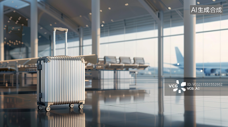 【AI数字艺术】机场航站楼候机室内的银色旅行箱——旅游和商务出差概念图片素材