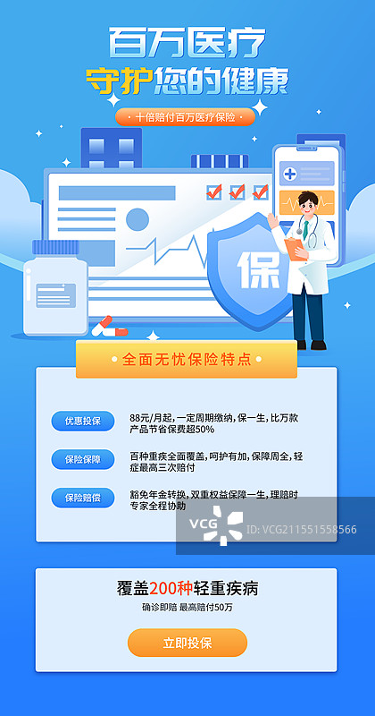 医疗保险百万医疗重疾险矢量插画海报图片素材