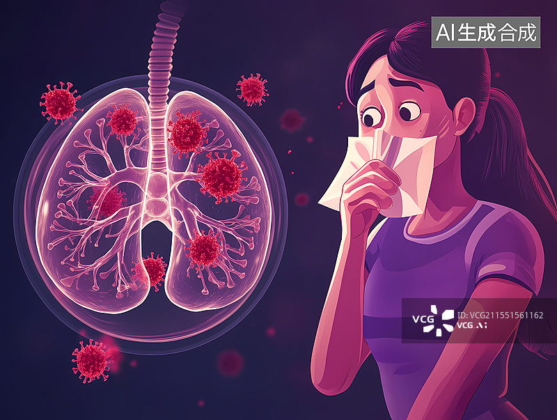 【AI数字艺术】咳嗽的女人和感染病毒的肺特写图片素材