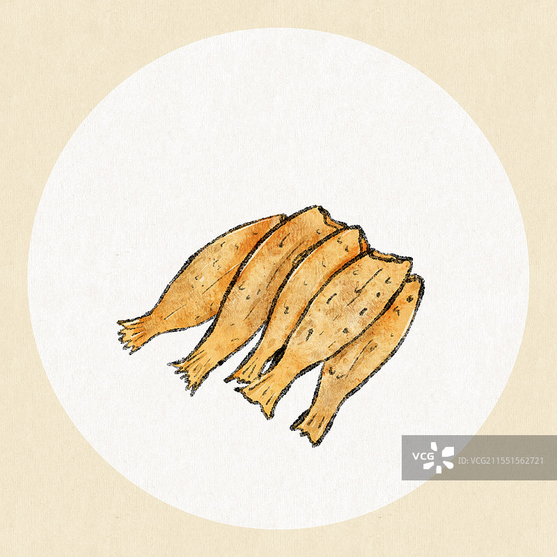 山东威海美食国风插画-干炸小黄鱼图片素材
