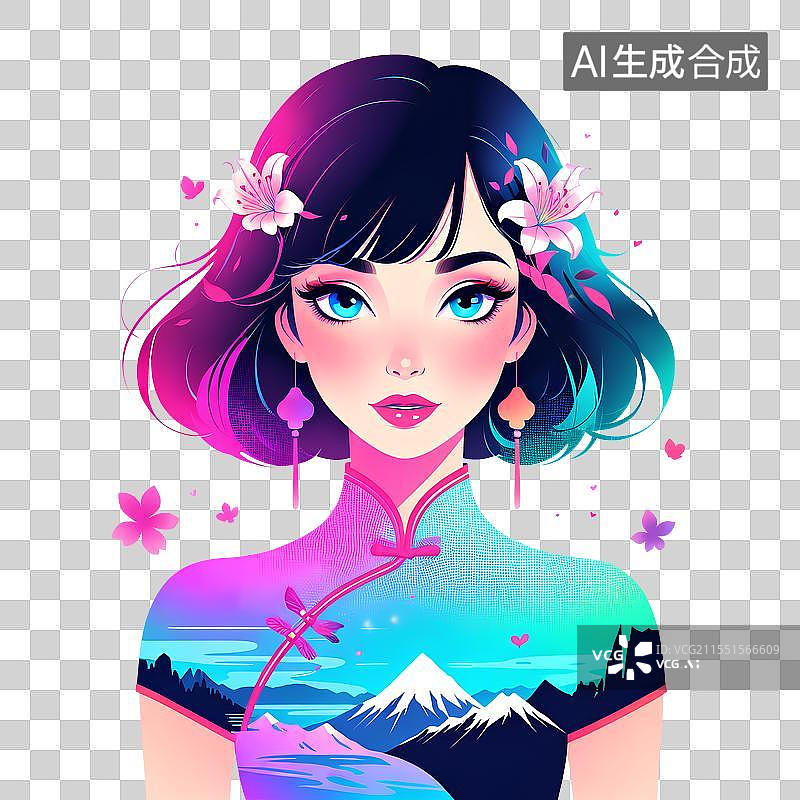 【AI数字艺术】人物插画元素 穿着旗袍呆着百合花的女人图片素材