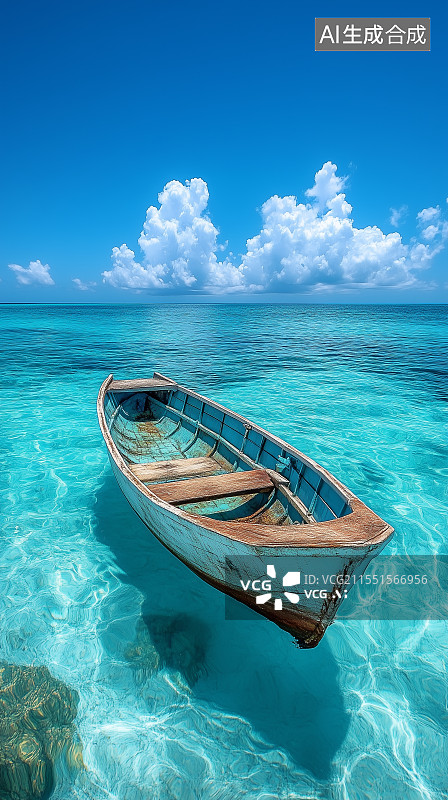 【AI数字艺术】清澈见底的水面上漂浮一艘小木船图片素材