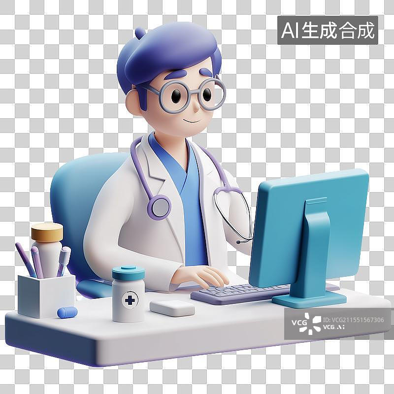 【AI数字艺术】3D男性医生远程医疗咨询图图片素材