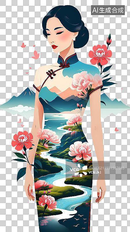 【AI数字艺术】人物元素插画 带着康乃馨花卉的女人图片素材