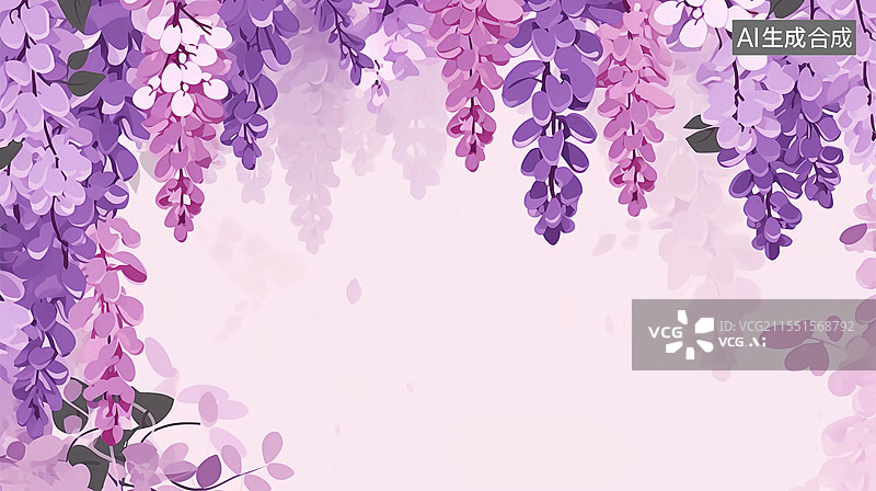 【AI数字艺术】唯美紫藤花盛开边框装饰紫色背景图片素材