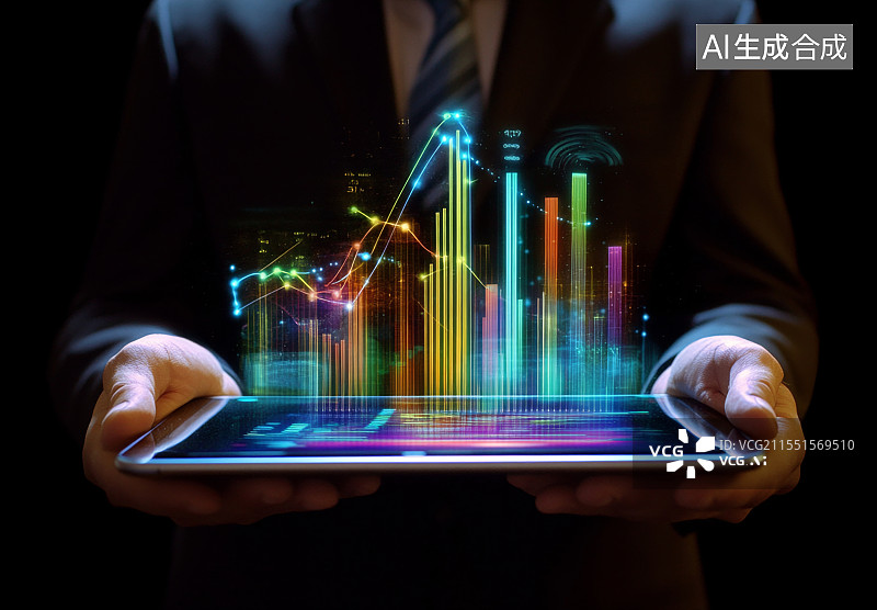 【AI数字艺术】商人投资顾问使用数字增强现实图形分析公司财务报告余额表。商业图片素材