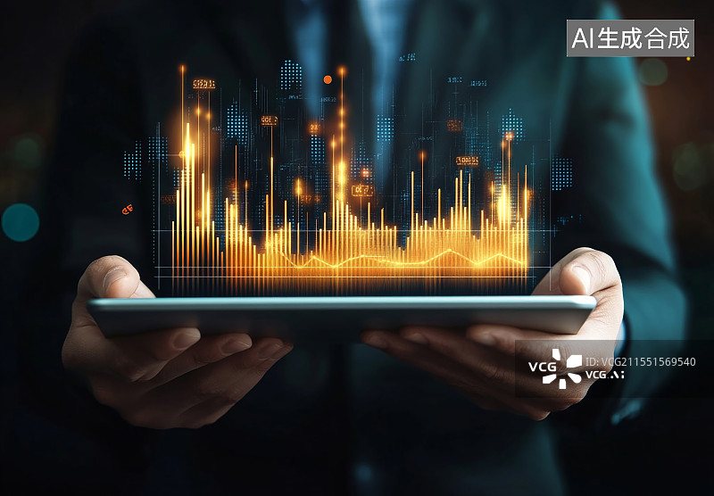 【AI数字艺术】商人投资顾问使用数字增强现实图形分析公司财务报告余额表。商业图片素材