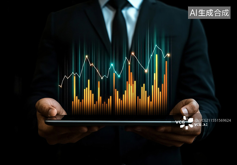 【AI数字艺术】商人投资顾问使用数字增强现实图形分析公司财务报告余额表。商业图片素材