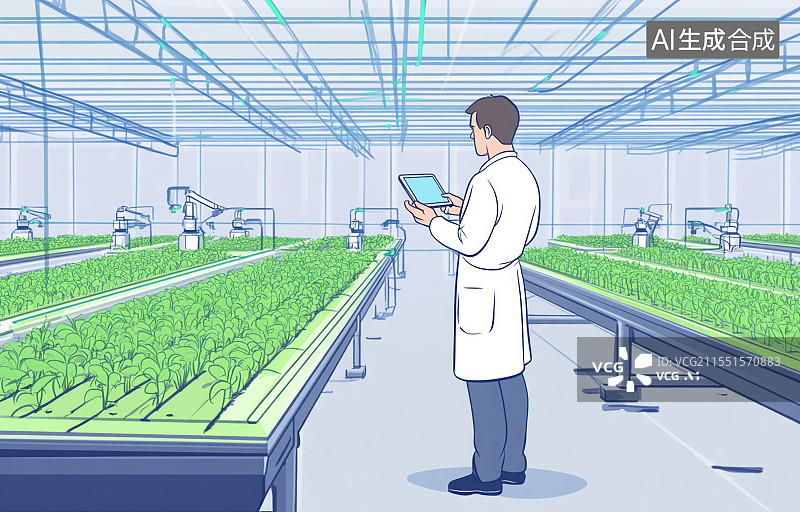 【AI数字艺术】遗传学家、生物学家和科学家正在温室里研究蔬菜的遗传结构。图片素材
