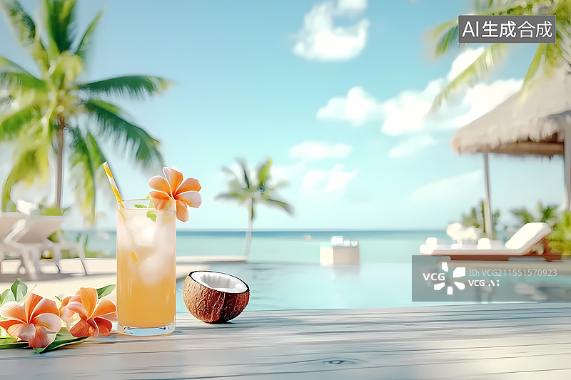 【AI数字艺术】海边露台的清爽饮品与椰果图片素材