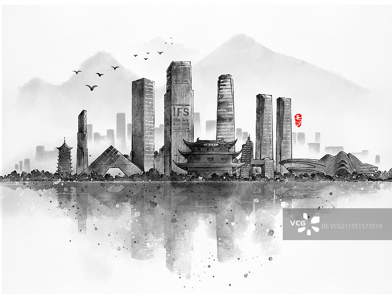 中国风水墨城市地标建筑长沙图片素材