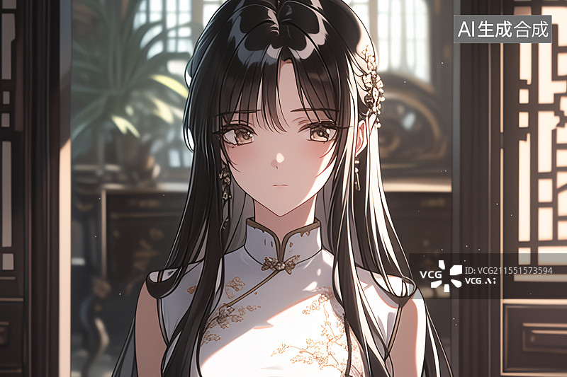 【AI数字艺术】插画中身着旗袍的美女站在中式现代装修的室内，融合优雅、文化与精致，适合作为小说或图书封面设计图片素材