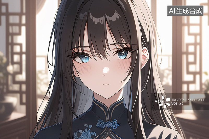 【AI数字艺术】插画中身着旗袍的美女站在中式现代装修的室内，融合优雅、文化与精致，适合作为小说或图书封面设计图片素材