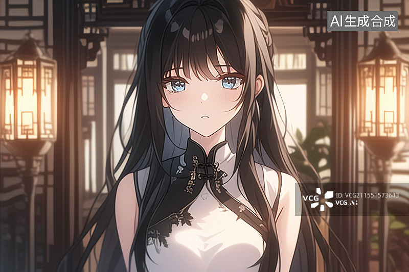 【AI数字艺术】插画中身着旗袍的美女站在中式现代装修的室内，融合优雅、文化与精致，适合作为小说或图书封面设计图片素材