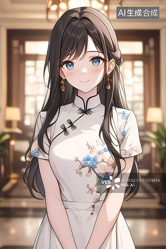 【AI数字艺术】插画中身着旗袍的美女站在中式现代装修的室内，融合优雅、文化与精致，适合作为小说或图书封面设计图片素材