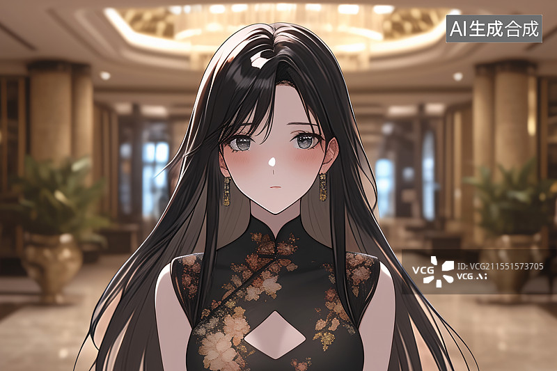 【AI数字艺术】插画中身着旗袍的美女站在中式现代装修的室内，融合优雅、文化与精致，适合作为小说或图书封面设计图片素材