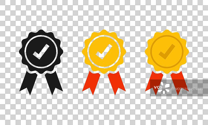 带有勾号的认证或批准丝带套装图片素材