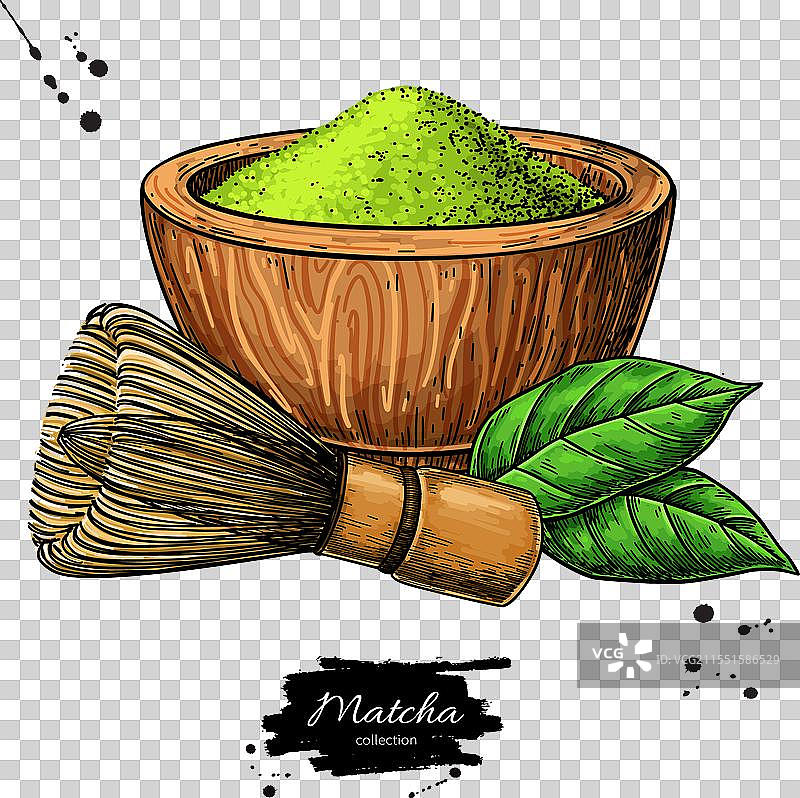 抹茶茶绘画，绿茶粉和茶叶图片素材