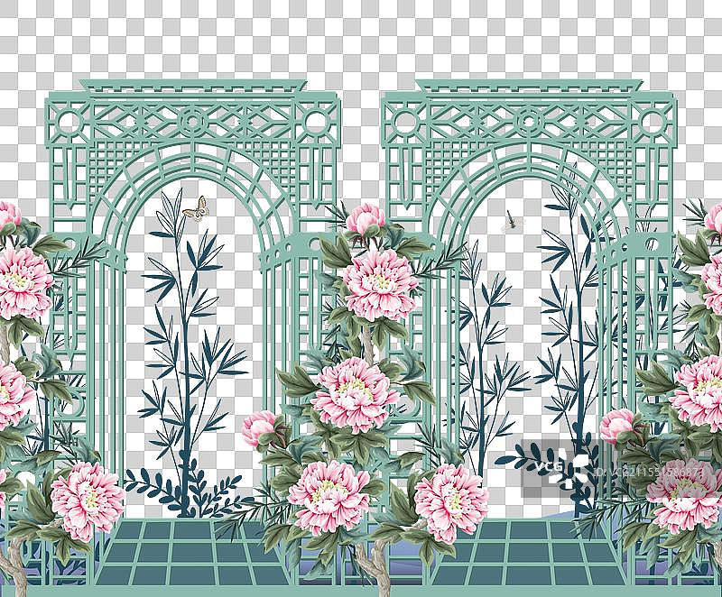 无缝边框，带有凹室和牡丹花图片素材