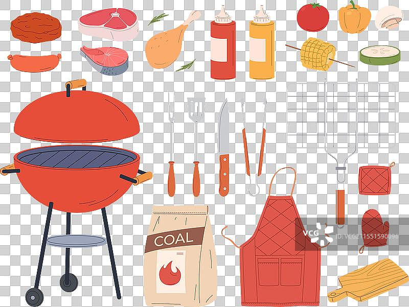 一套烧烤和烤架元素正在烹饪肉类图片素材