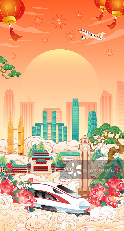 国风国潮风春节新年国庆重庆城市地标建筑重庆城市天际线建筑群矢量插画图片素材