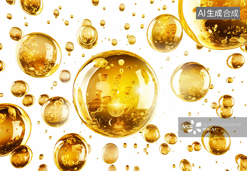 【AI数字艺术】各种金色气泡在模糊背景下以微距图像漂浮在水中图片素材