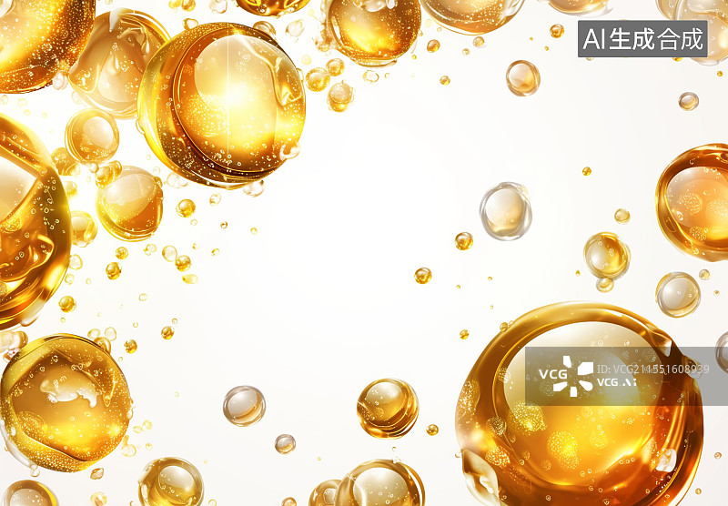 【AI数字艺术】各种金色气泡在模糊背景下以微距图像漂浮在水中图片素材