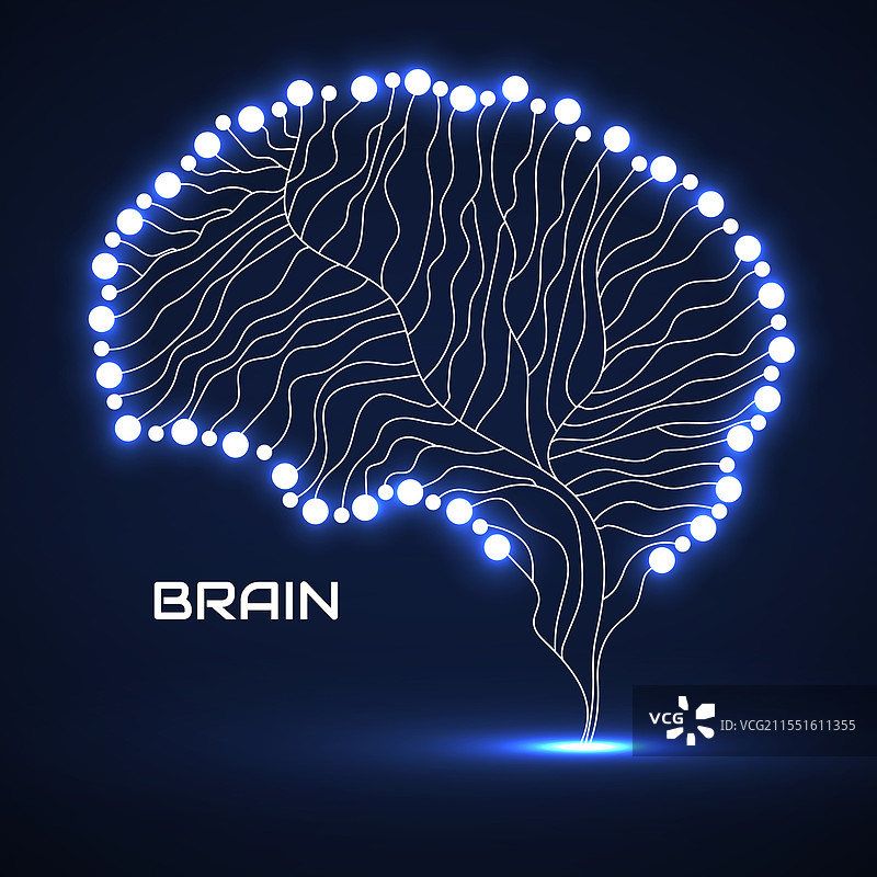 抽象的人脑，由线条和发光圆圈构成图片素材