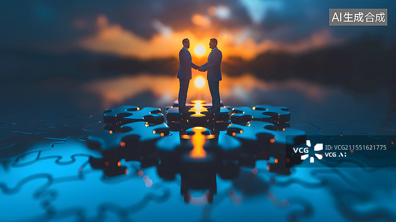 【AI数字艺术】两个人站在拼图上握手图片素材