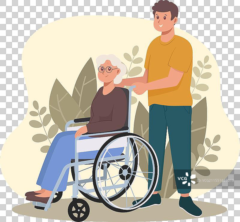 坐在轮椅上的残疾老妇人与年轻男子在一起图片素材