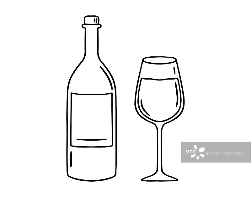 手绘图标：酒瓶和酒杯涂鸦图片素材