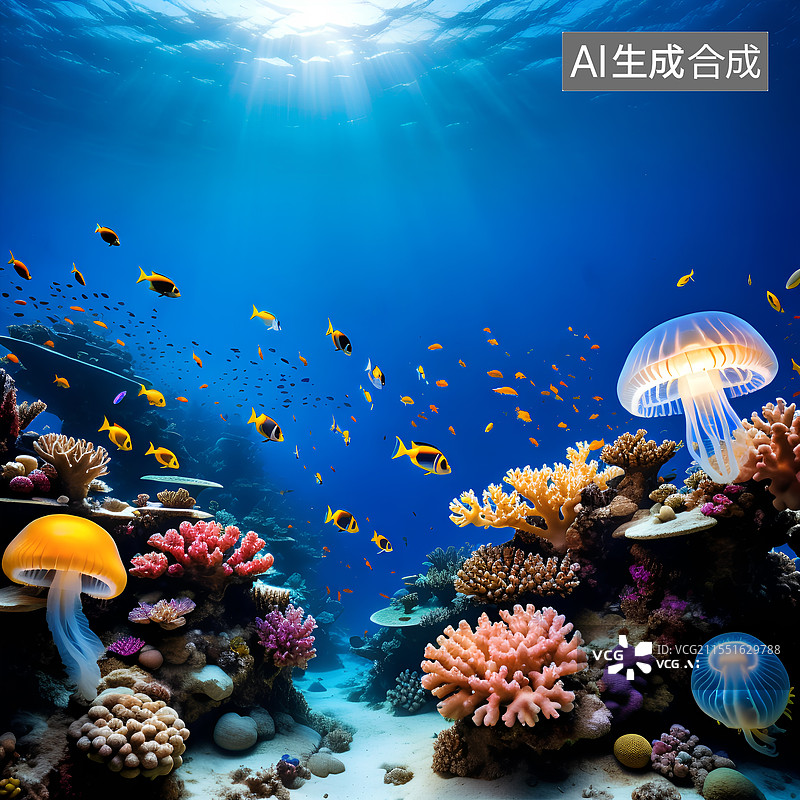 【AI数字艺术】神秘的海底世界，五彩斑斓的珊瑚礁，穿梭其中的热带鱼群图片素材