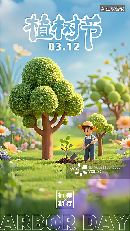 【AI数字艺术】植树节3D卡通风格海报模板图片素材