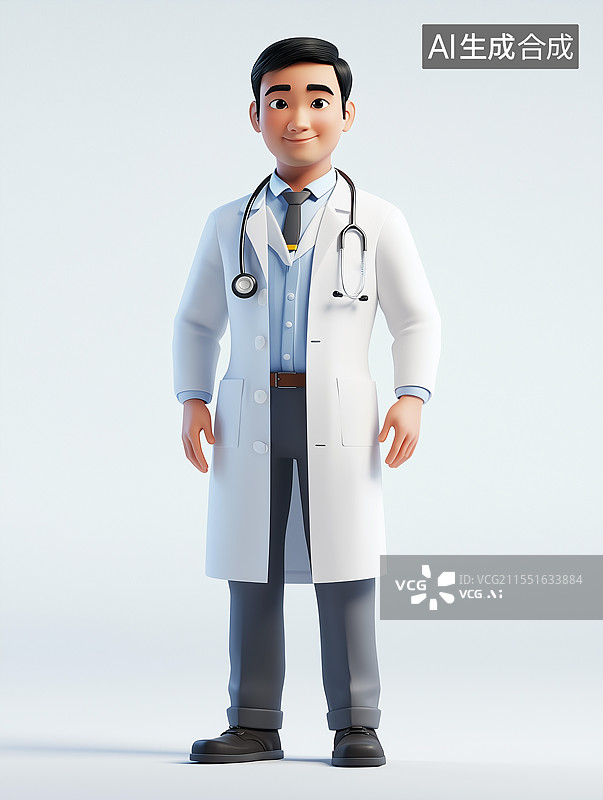 【AI数字艺术】身着白大褂挂着听诊器、面带微笑的卡通男医生图片素材