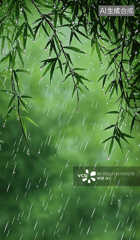 【AI数字艺术】雨中的竹叶图片素材