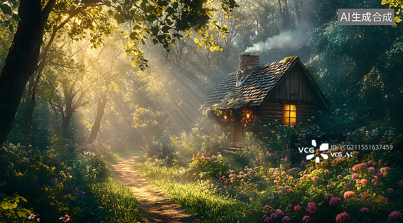 【AI数字艺术】梦幻森林小屋图片素材