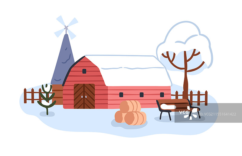 冬季农场的机库建筑，谷仓和干草图片素材