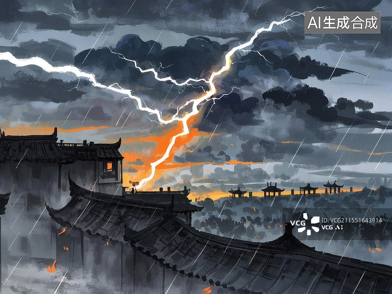 【AI数字艺术】雷雨夜中的古城图片素材