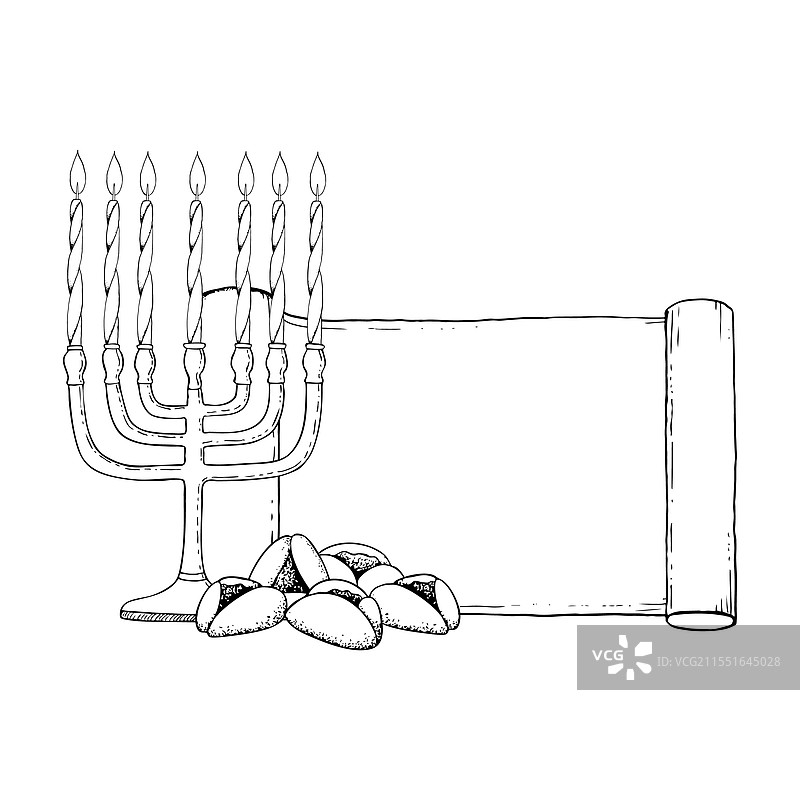 犹太教的托拉卷轴、烛台和普林节饼干图片素材