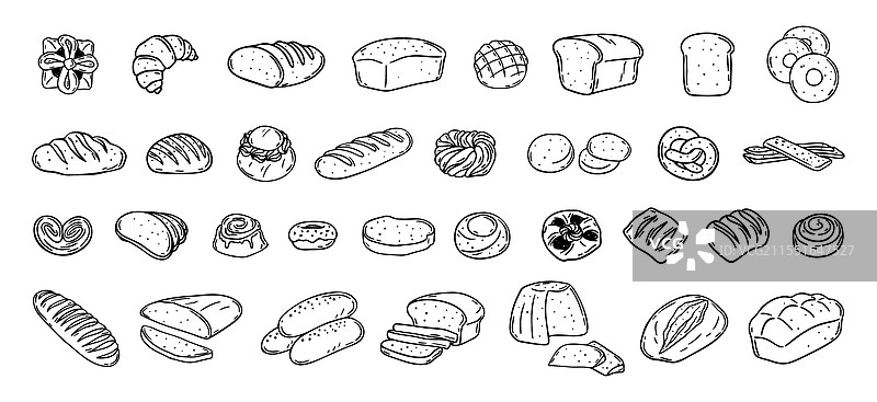 手绘面包不同类型的涂鸦轮廓图片素材
