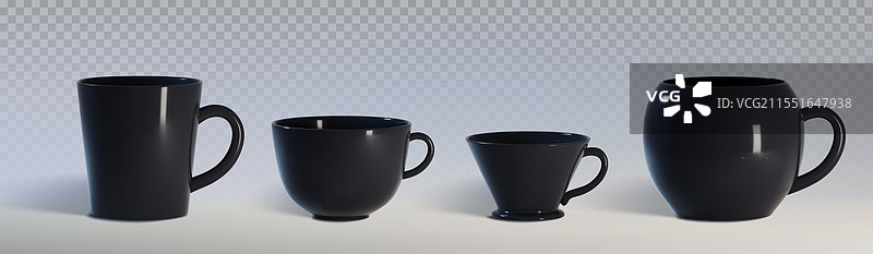 黑色杯子套装，孤立在透明背景上图片素材