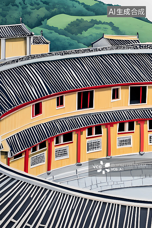 【AI数字艺术】土楼中国建筑插画图片素材